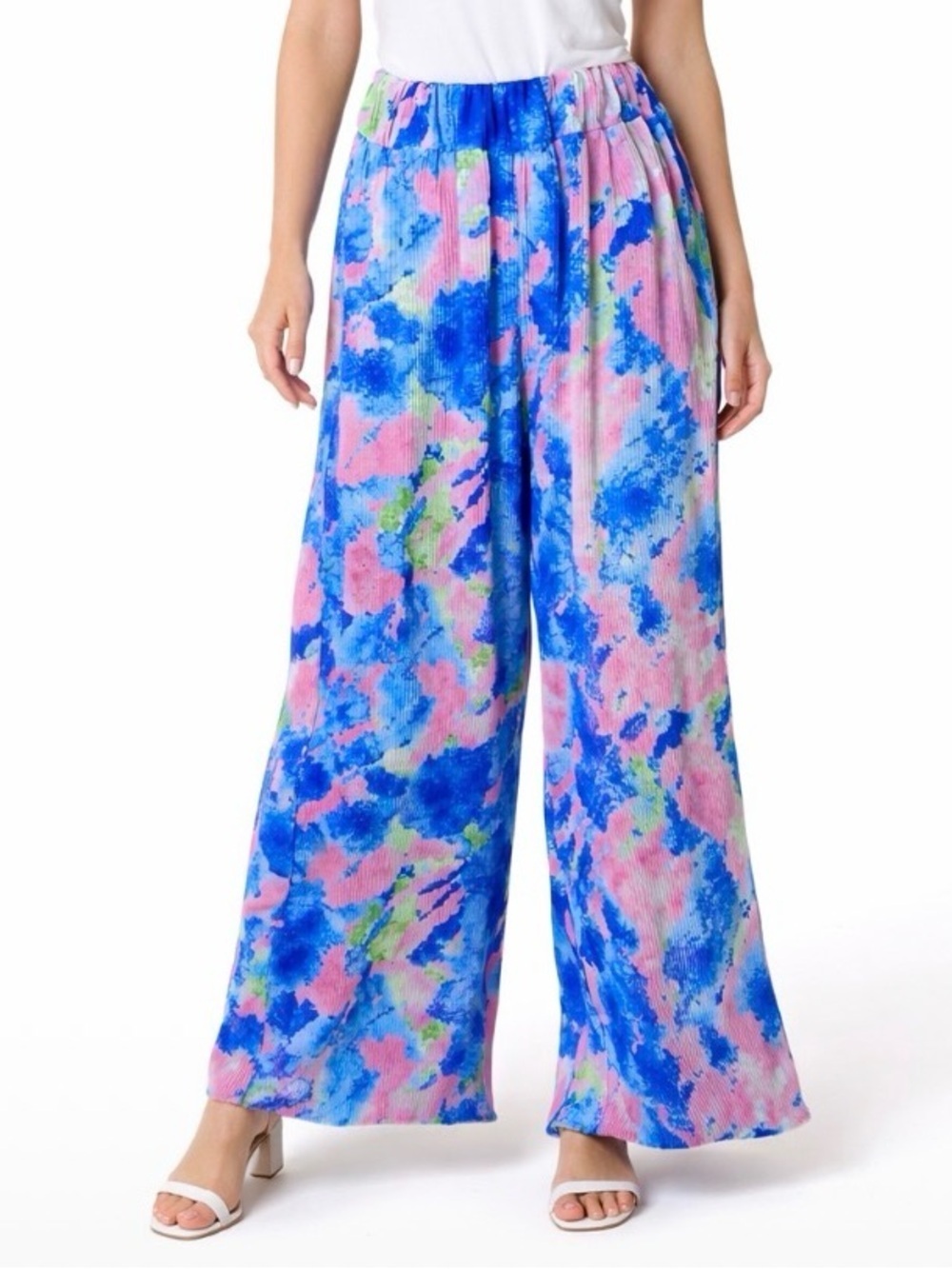 Niccy pants wide leg tie dyed look accordion elastic waist pull on trousers MD